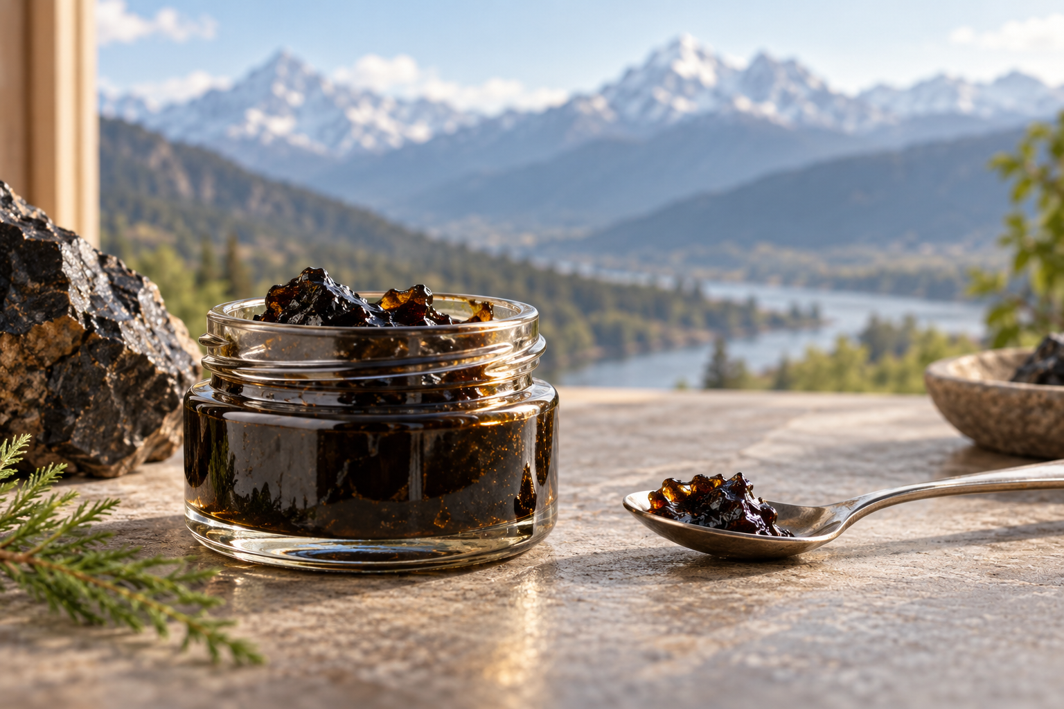 Dunkles Shilajit-Harz in einem Glas und auf einem Löffel.
