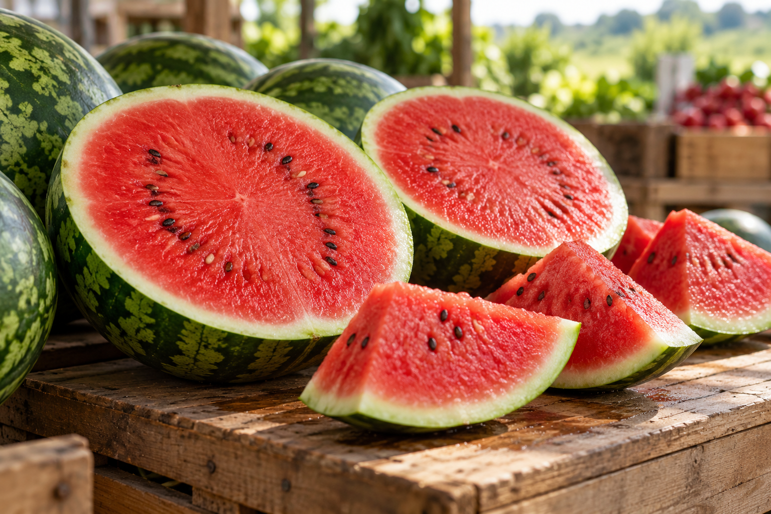 Aufgeschnittene Wassermelonen liegen auf einem Marktstand – Symbolbild zu L-Citrullin und natürlichen Nahrungsquellen.