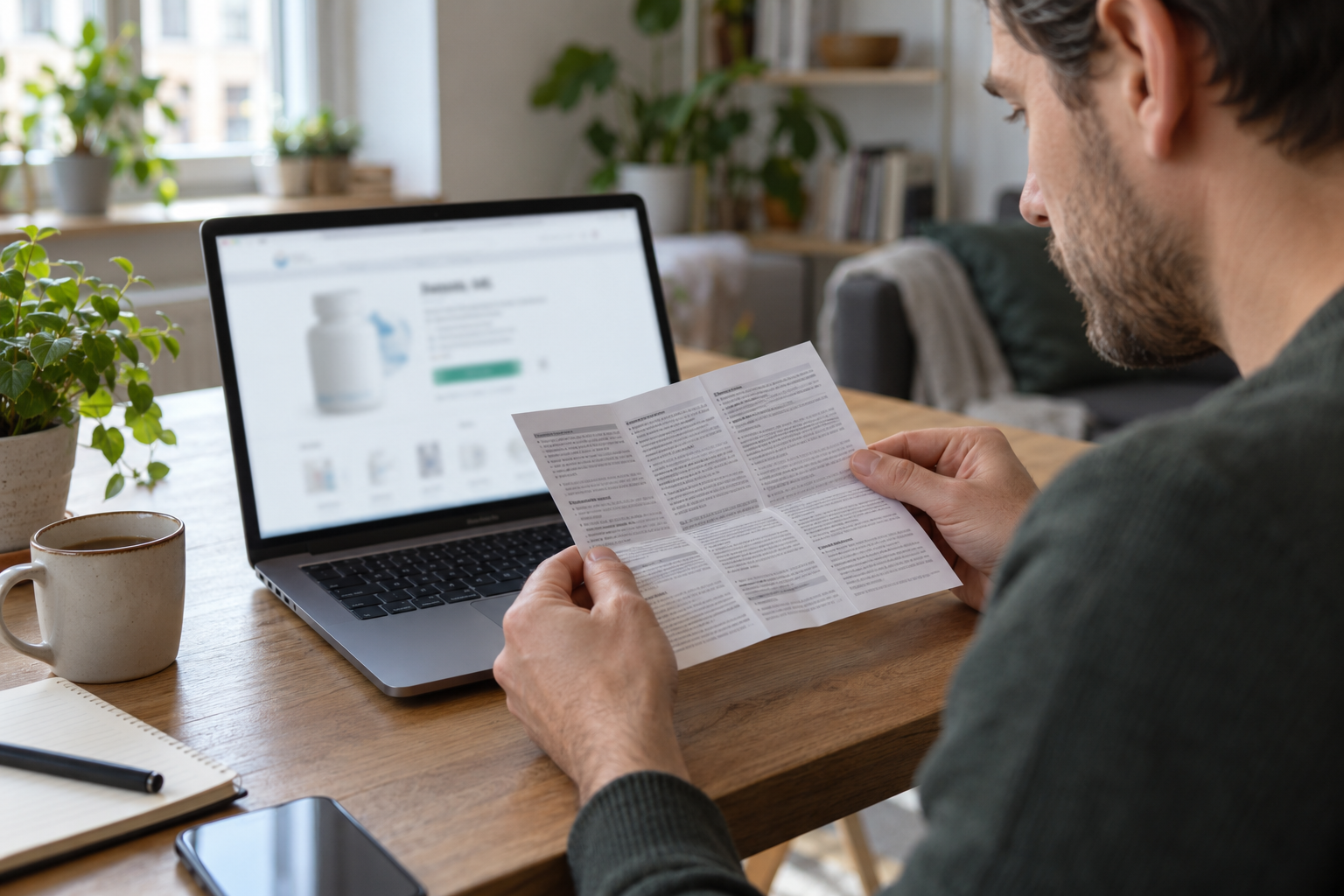 Mann prüft am Laptop eine Arzneimittelinformation und liest parallel den Beipackzettel – Symbolbild zur Produktprüfung.