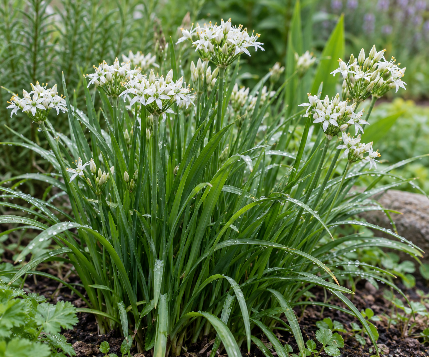Schmale grüne Blätter und weiße Blütenstände von Allium tuberosum im Kräutergarten – Symbolbild zur Pflanzenidentität.