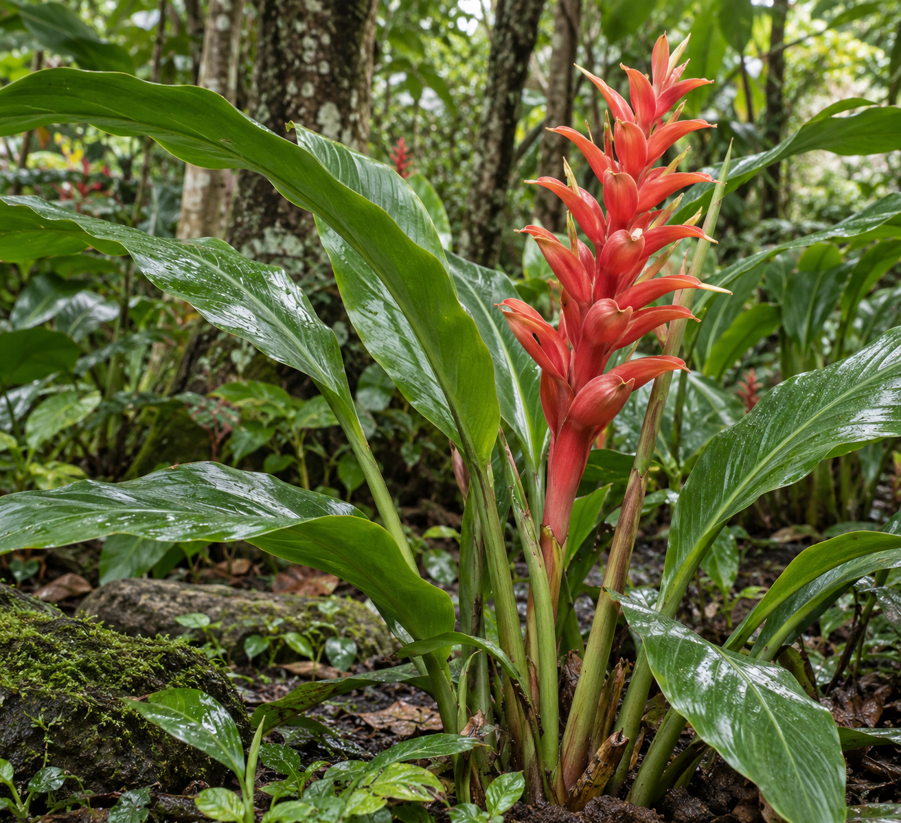 Alpinia calcarata mit langen grünen Blättern und korallenrotem Blütenstand in einem tropischen Garten.