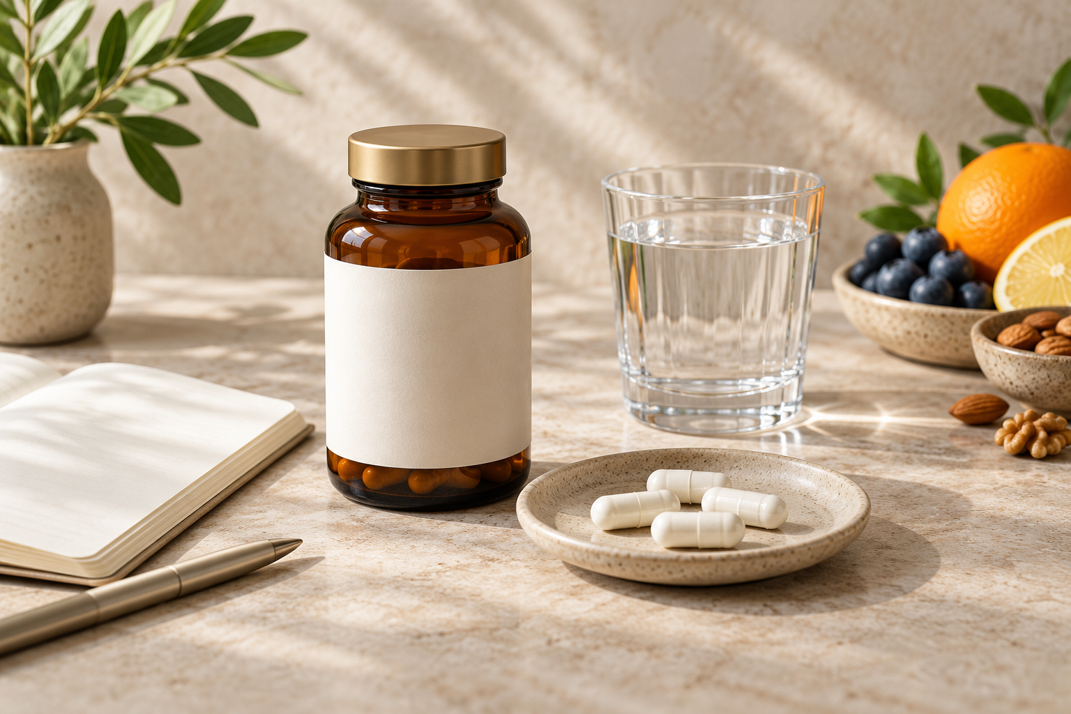 Symbolische Illustration: neutrale Kapseln, Glasflasche und Wasser neben Obst und Nüssen.