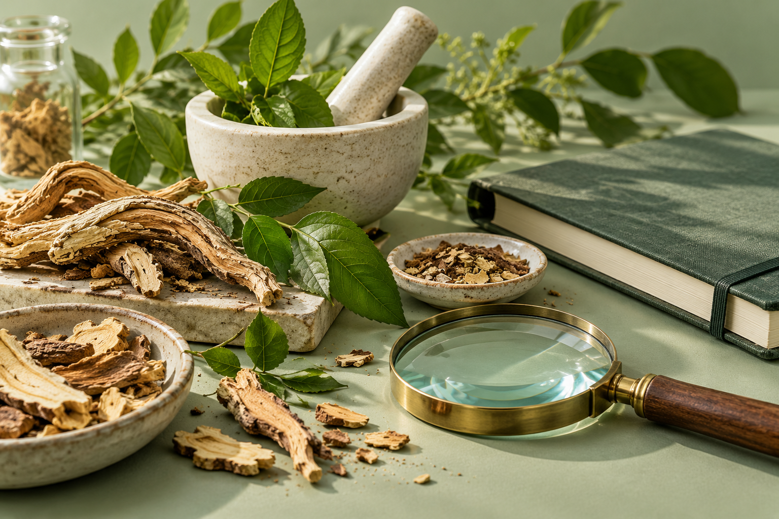 Pflanzenzweige, getrocknete Wurzeln, Mörser und Lupe neben botanischen Büchern.