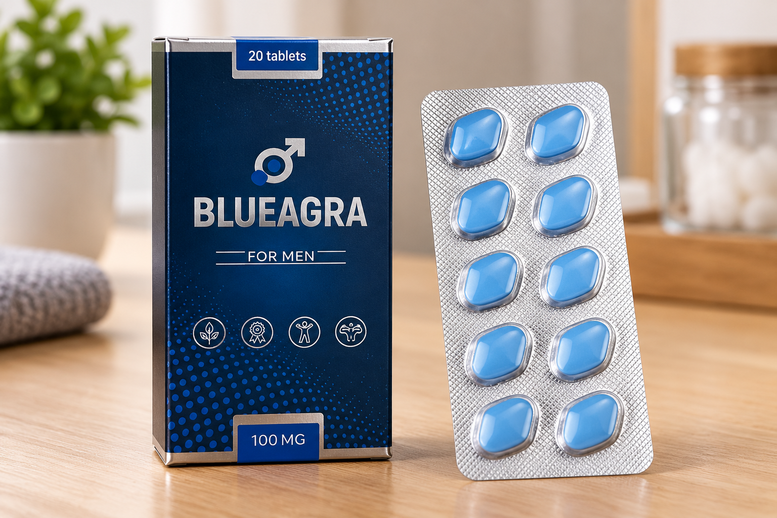 Blueagra-Packung mit dunkelblauer Verpackung und Blister auf einem Holztisch