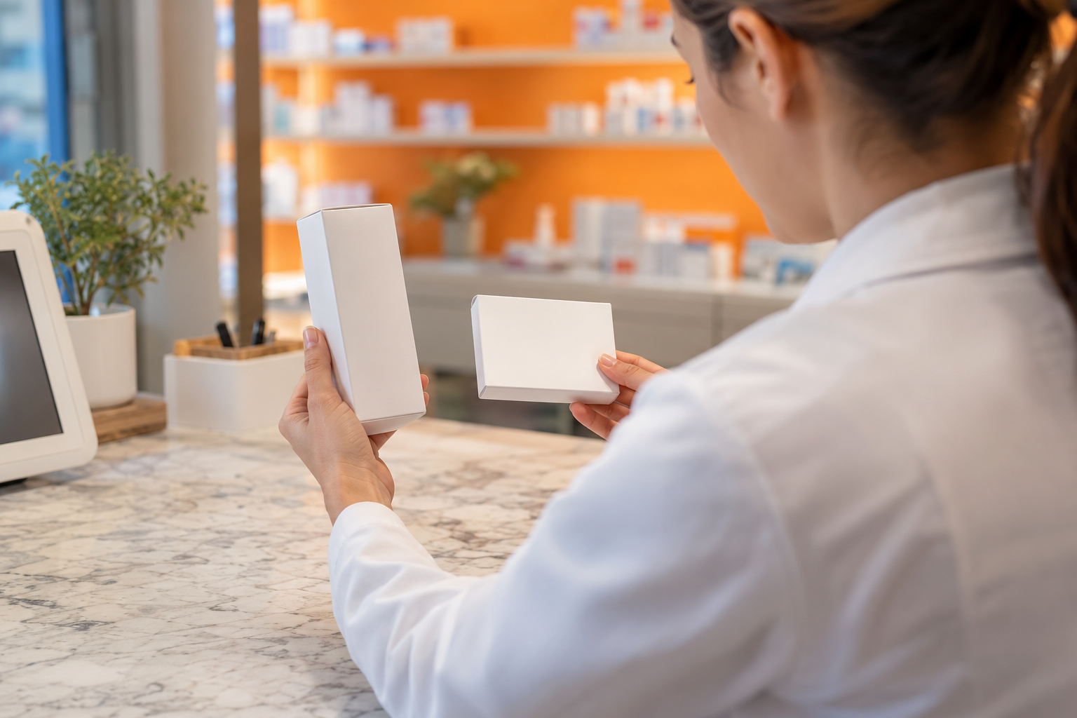 Eine Apothekerin vergleicht zwei neutrale Packungen an einer Theke.