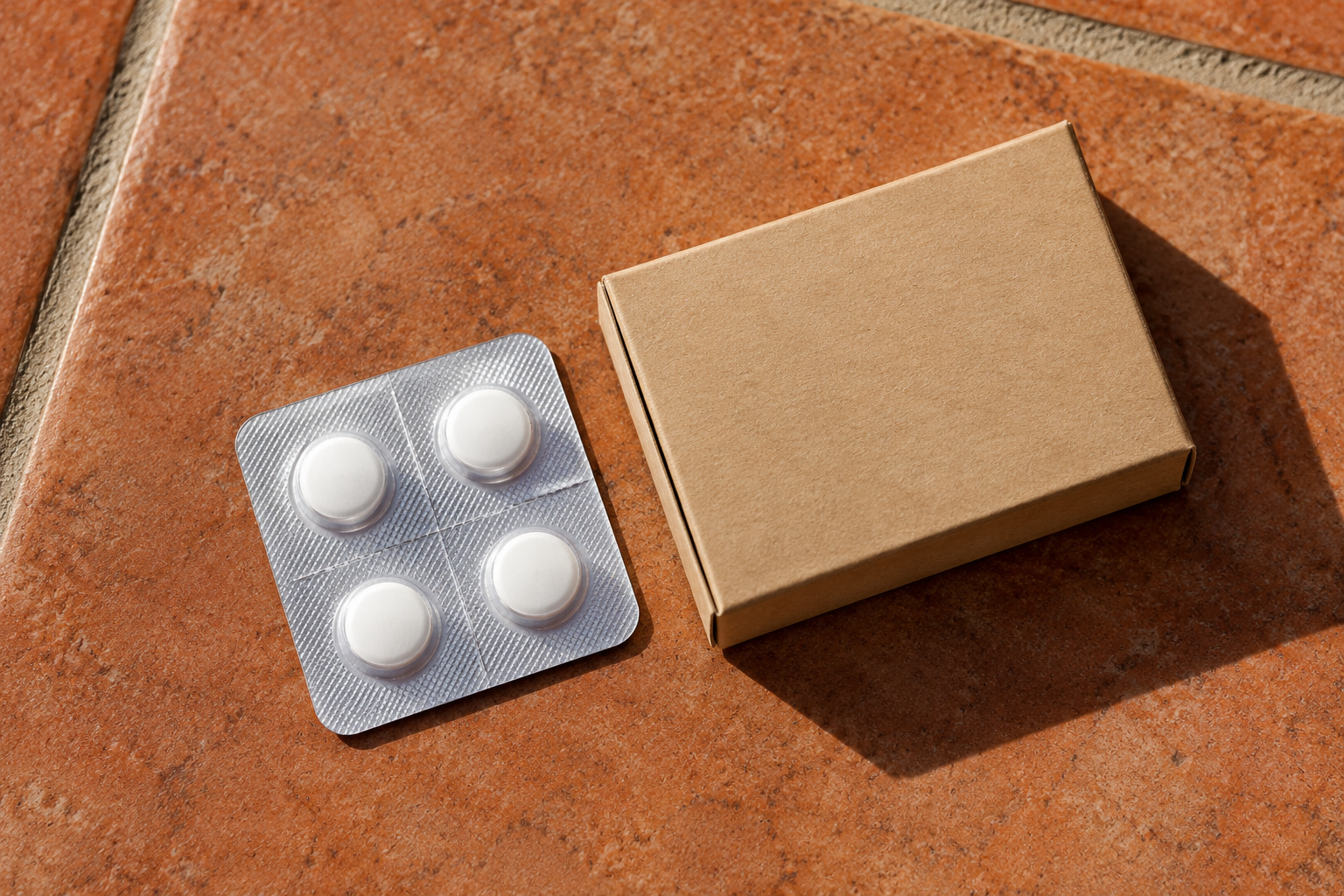 Vier neutrale Tabletten bleiben verschlossen in einem kleinen Blister.