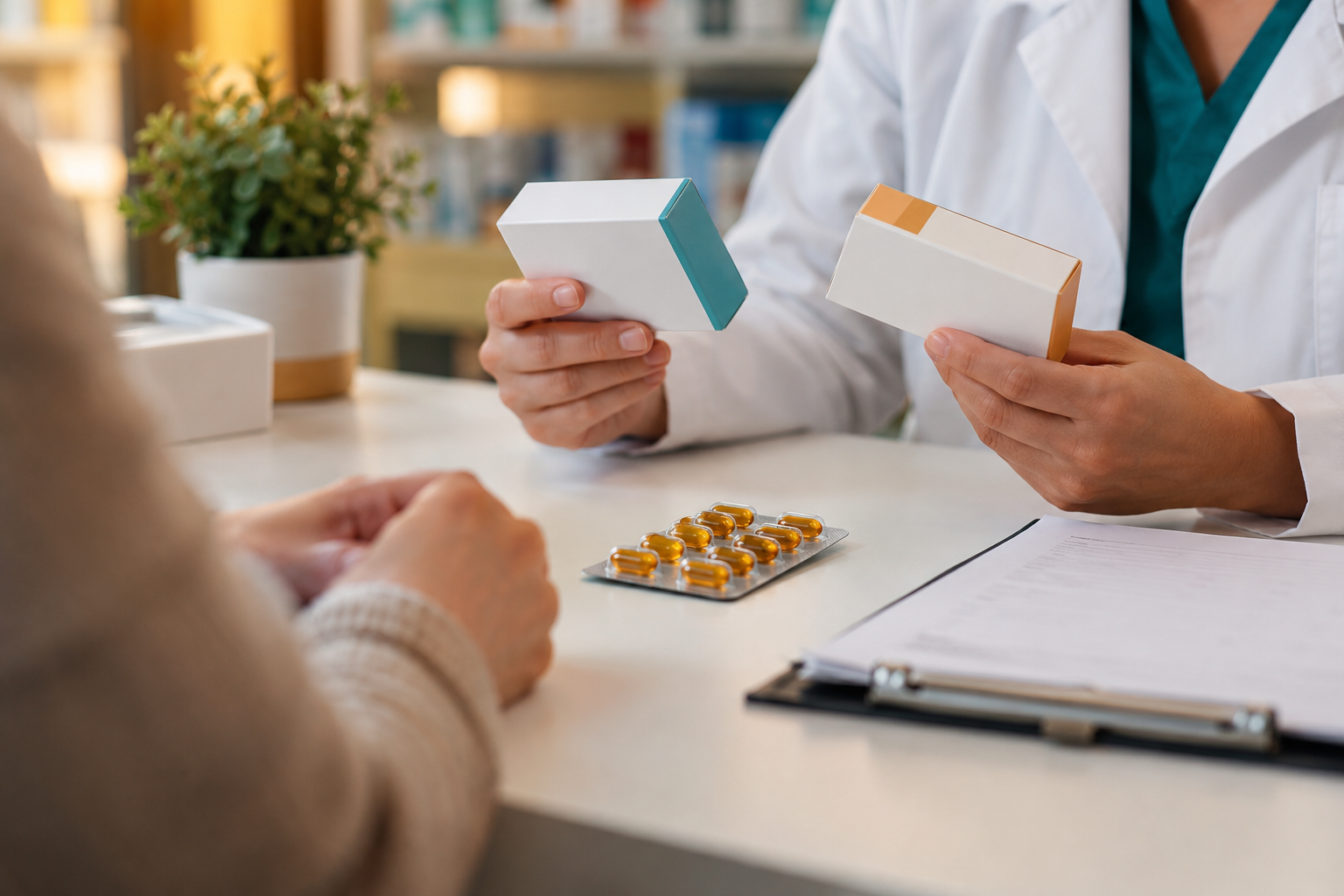 Eine Apothekerin prüft zwei Arzneimittelpackungen neben einem Medikamentenplan.
