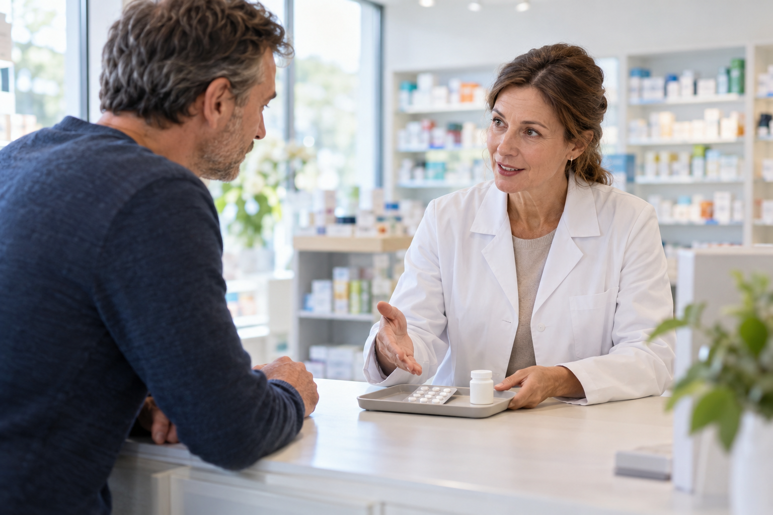 Eine Apothekerin erklärt einem erwachsenen Kunden zwei neutrale Arzneiformen.