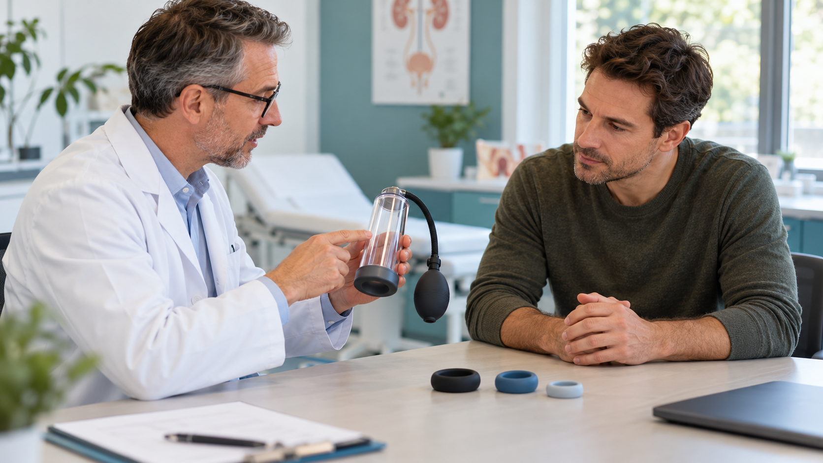 Urologe erklärt einem Patienten Vakuumpumpe und elastische Erektionsringe
