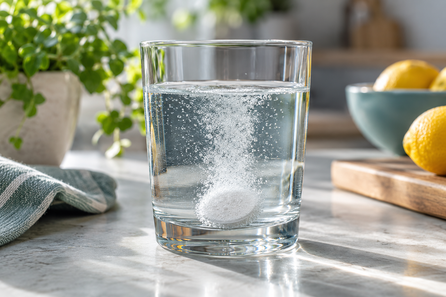 Brausetablette löst sich mit feinen Bläschen in einem Glas Wasser auf