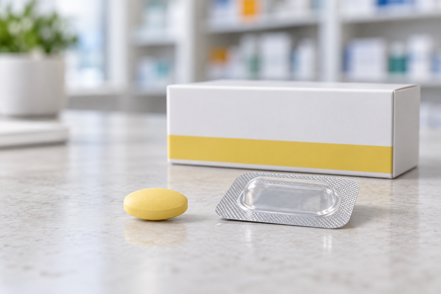Palegelbe ovale Avanafil-Tablette in einer Einzeldosis-Blisterpackung neben einer schlichten Arzneimittelpackung