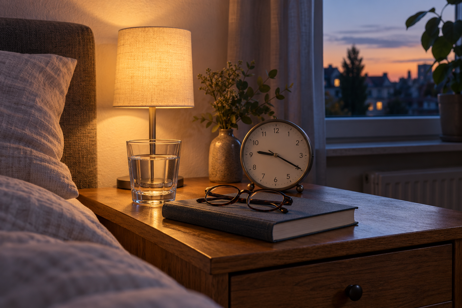 Nachttisch mit Wasser, Buch, Lesebrille und Uhr am Abend – Symbolbild zur Wirkdauer eines Arzneimittels.