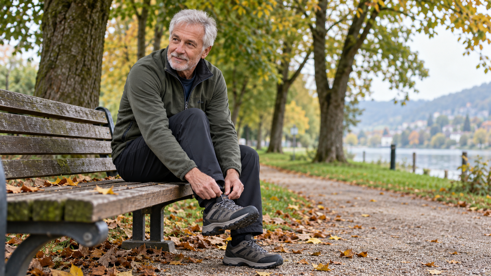 Silberhaariger Mann bindet auf einer Parkbank seinen Wanderschuh – Symbolbild für Gesundheit im höheren Lebensalter.