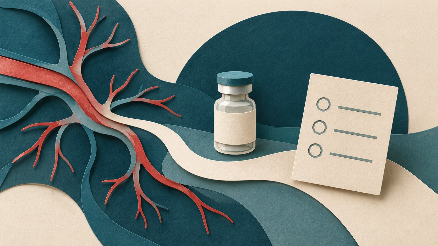Abstrakte Illustration mit verzweigten Blutgefäßen, Arzneifläschchen und Checkliste als Symbol für die ärztlich begleitete SKAT-Therapie