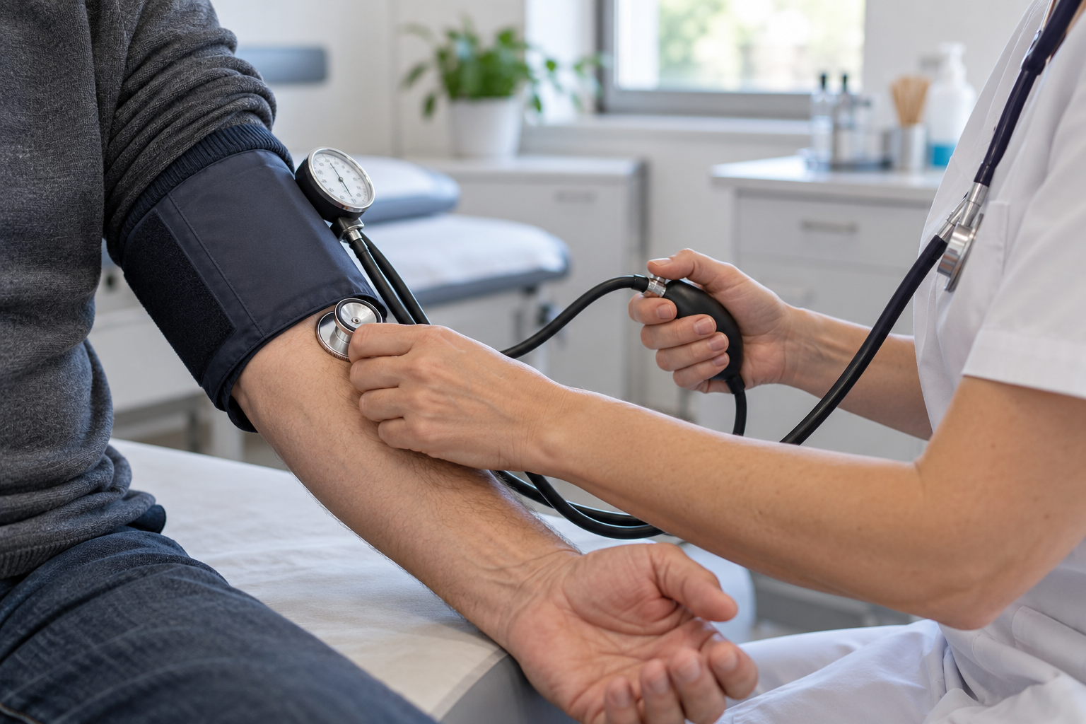Pflegekraft misst den Blutdruck eines Patienten in der Praxis – Symbolbild zur medizinischen Beobachtung möglicher Beschwerden.