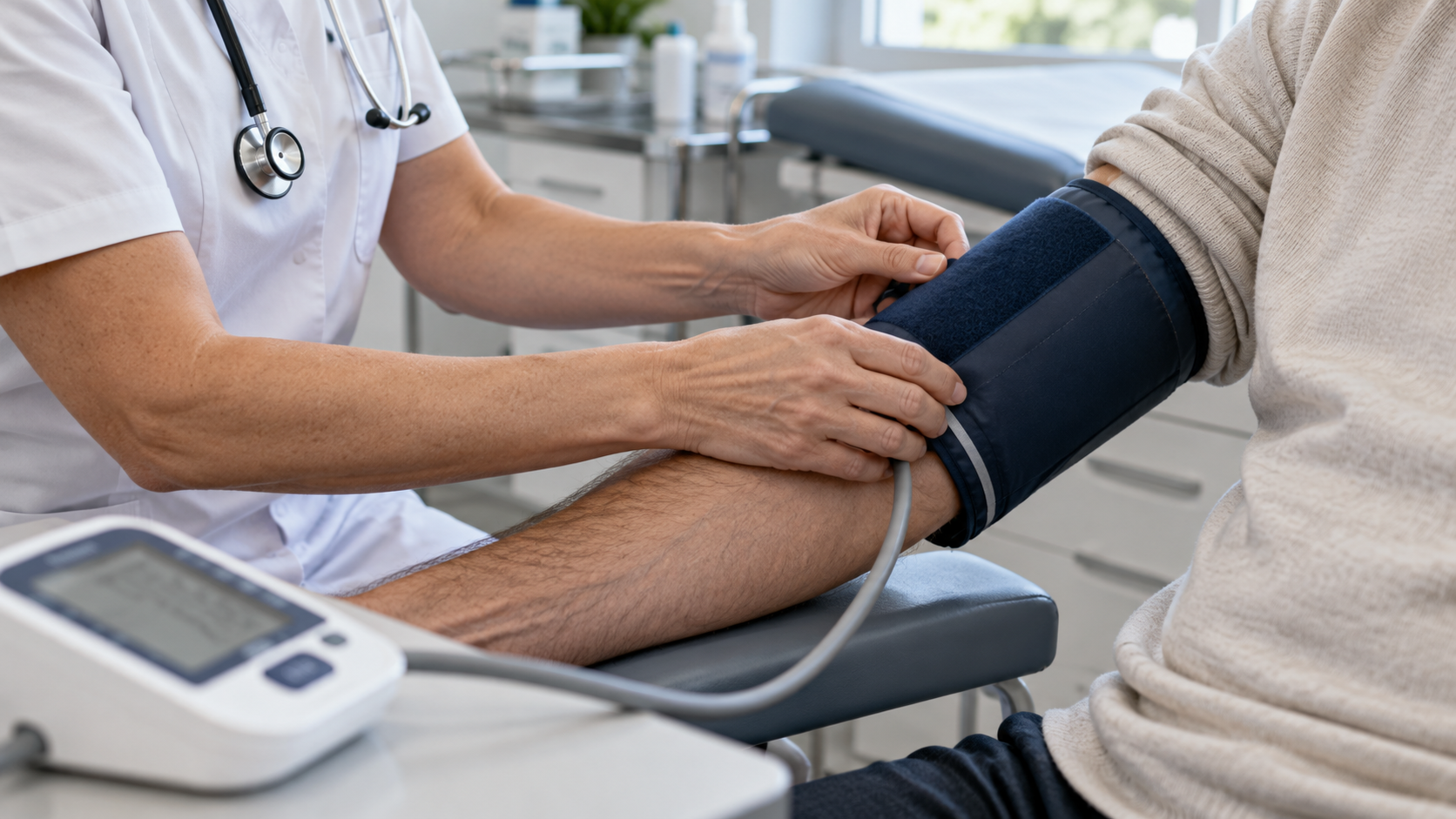 Medizinisches Fachpersonal legt eine Blutdruckmanschette am Arm einer sitzenden Person an – Symbolbild zur Kontrolle des Blutdrucks.