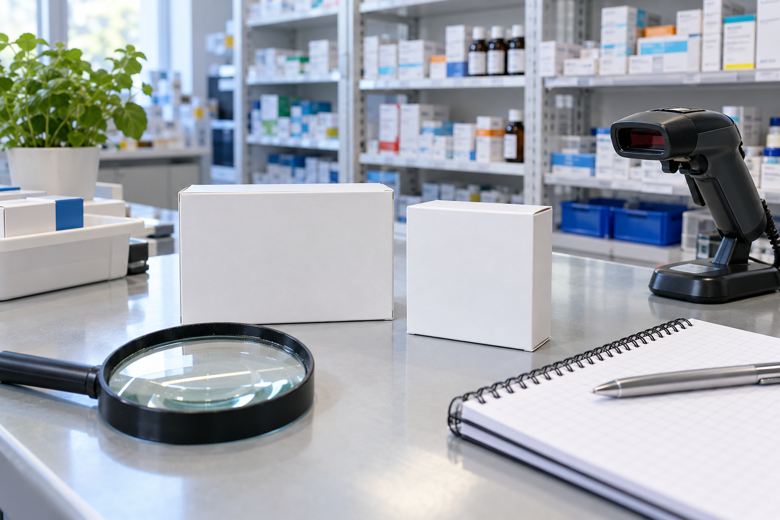 Zwei neutrale Arzneimittelpackungen werden in der Apotheke mit Lupe und Scanner geprüft – Symbolbild zum Produktvergleich.