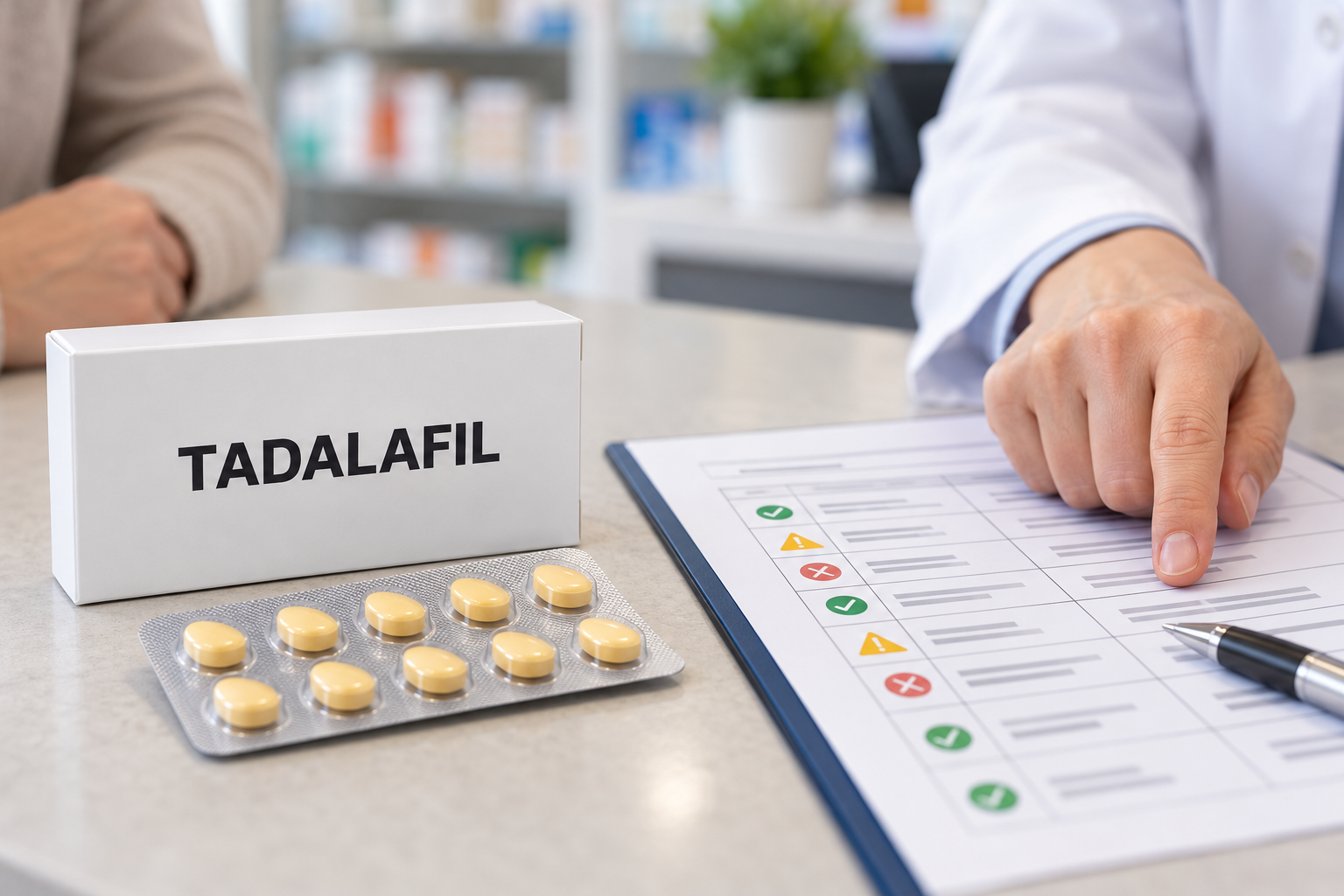 Tadalafil-Packung und Medikamentenliste bei der Prüfung möglicher Wechselwirkungen