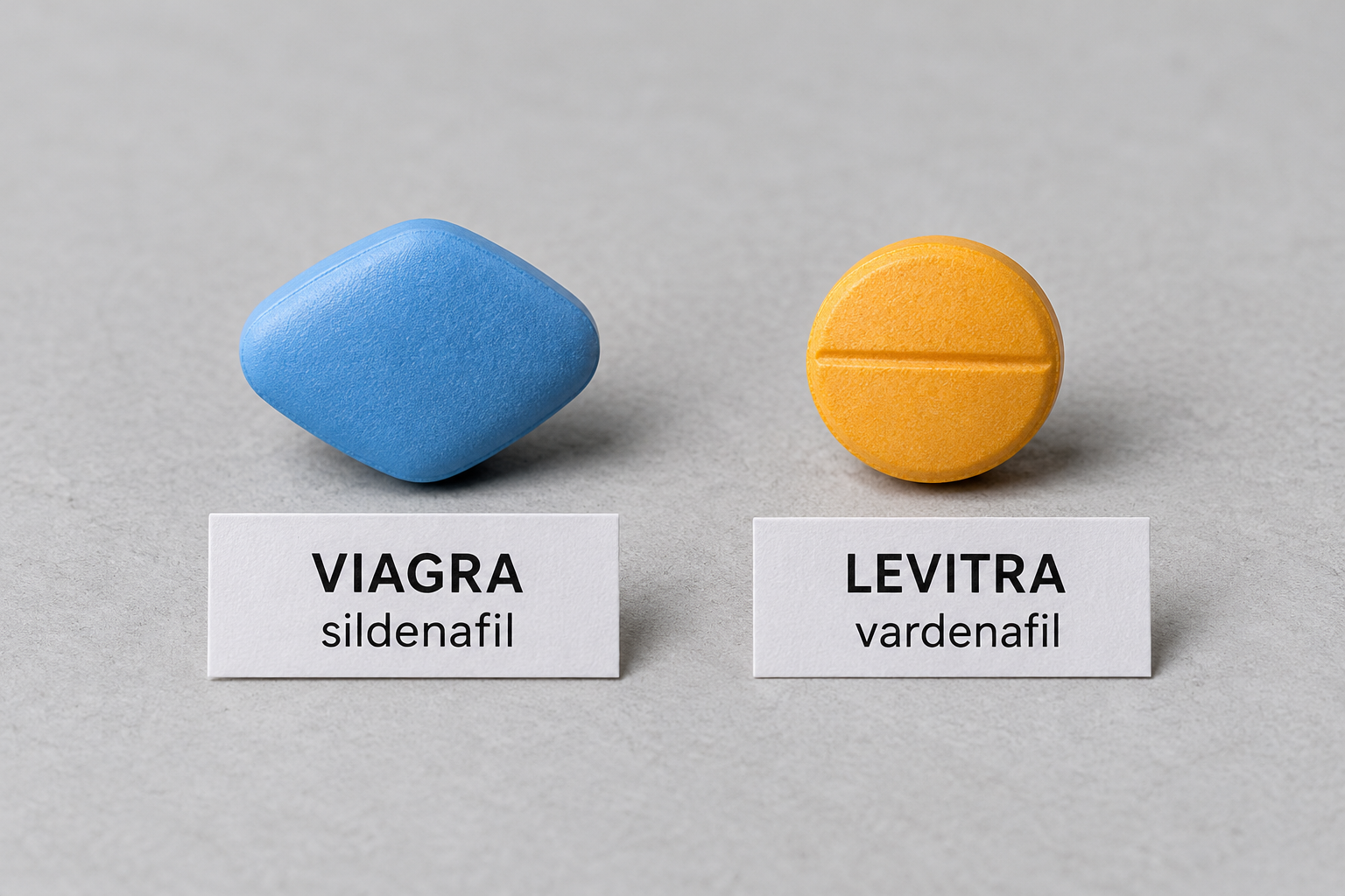 Vergleich der Tablettenformen von Viagra und Levitra mit Wirkstoffbezeichnungen