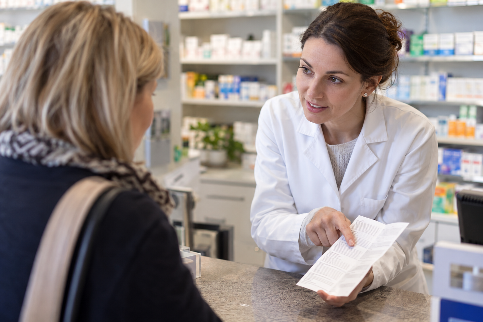 Apothekerin erklärt einem Kunden eine Arzneimittelinformation am Tresen – Symbolbild zum möglichen Wirkeintritt.