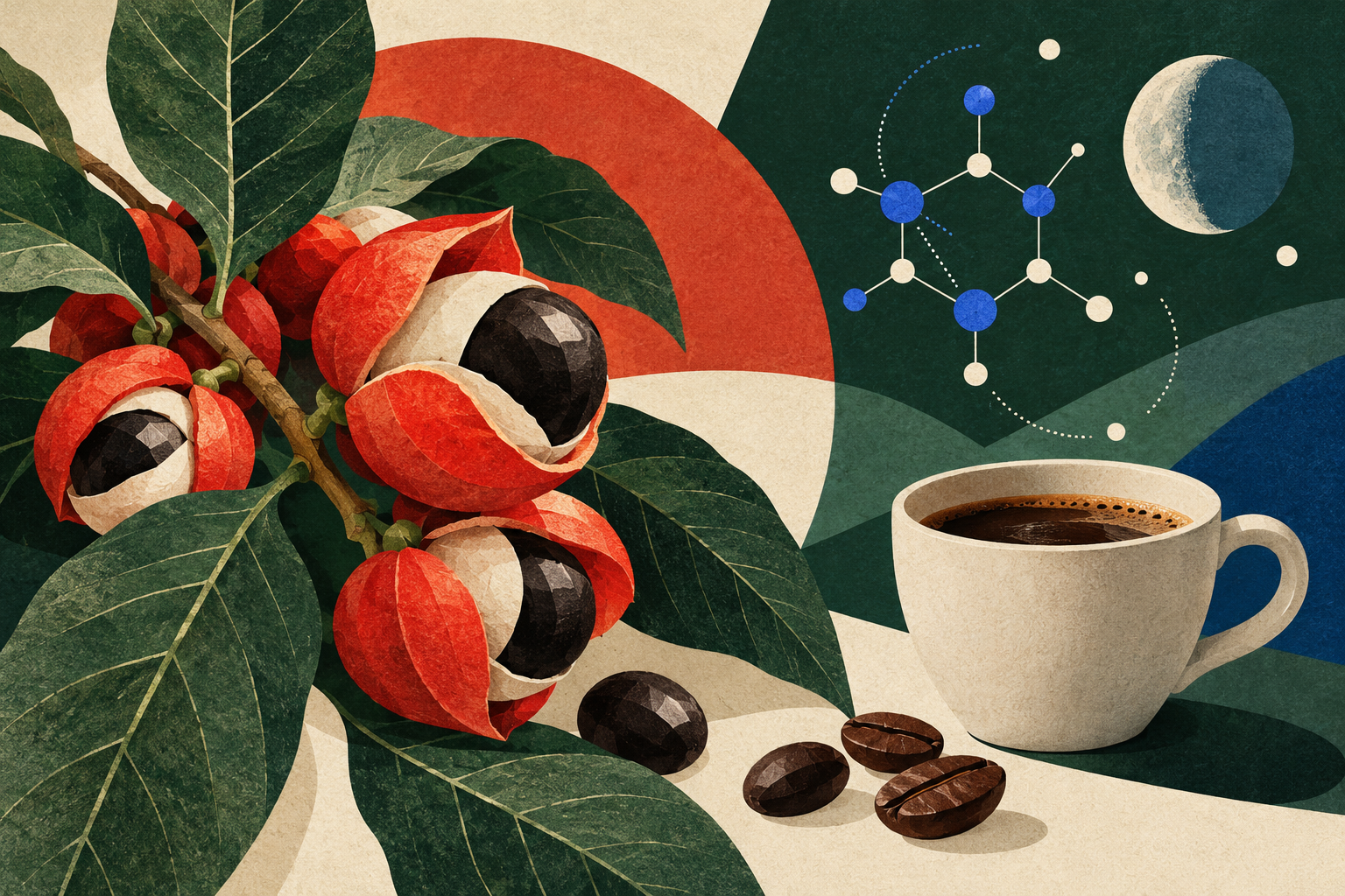Editorialillustration: geöffnete rote Guaranaschoten mit Samen, Kaffeetasse und abstraktem Koffeinmotiv
