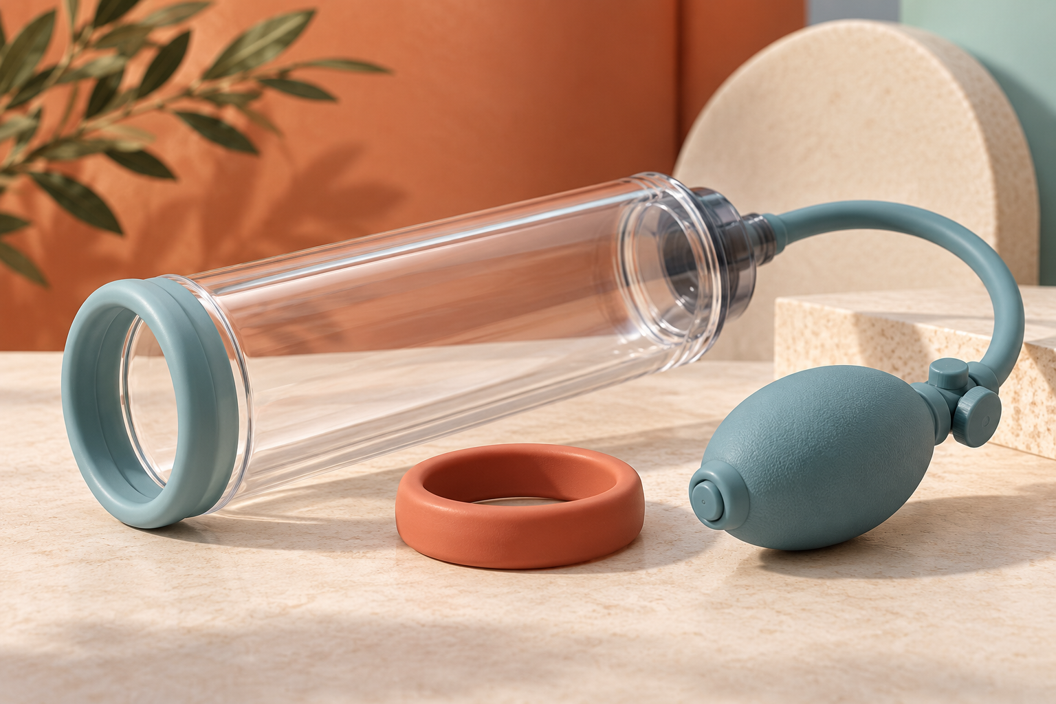 Farbiges 3D-Stillleben mit Vakuumzylinder, Handpumpe und losem Konstriktionsring