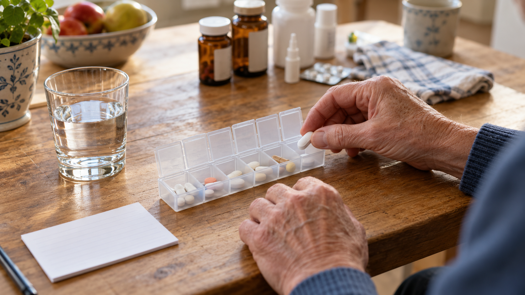 Ältere Hände ordnen verschiedene Tabletten in einem Wochen-Organizer – Symbolbild für die Prüfung möglicher Wechselwirkungen.