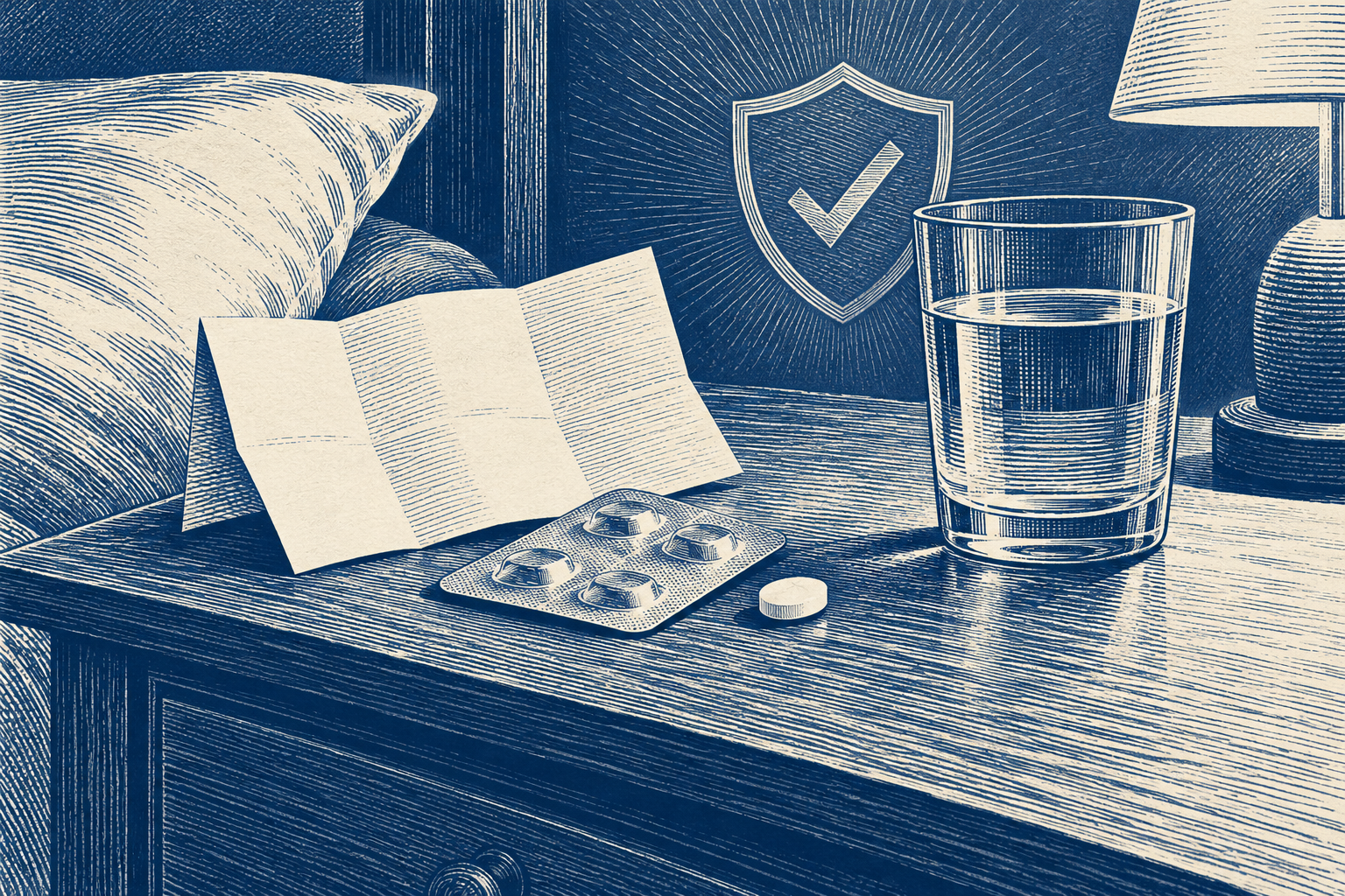 Blau-weiße Linolschnitt-Illustration von Tablette, Beipackzettel und Wasserglas