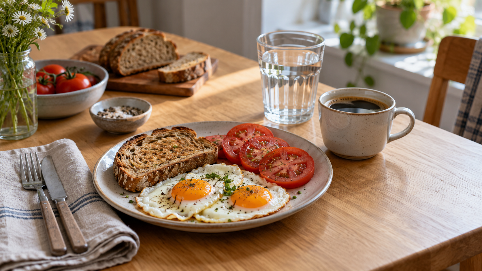 Frühstück mit Toast, Eiern, Tomaten, Kaffee und Wasser auf einem Holztisch – Symbolbild zur Einnahme nach dem Essen.