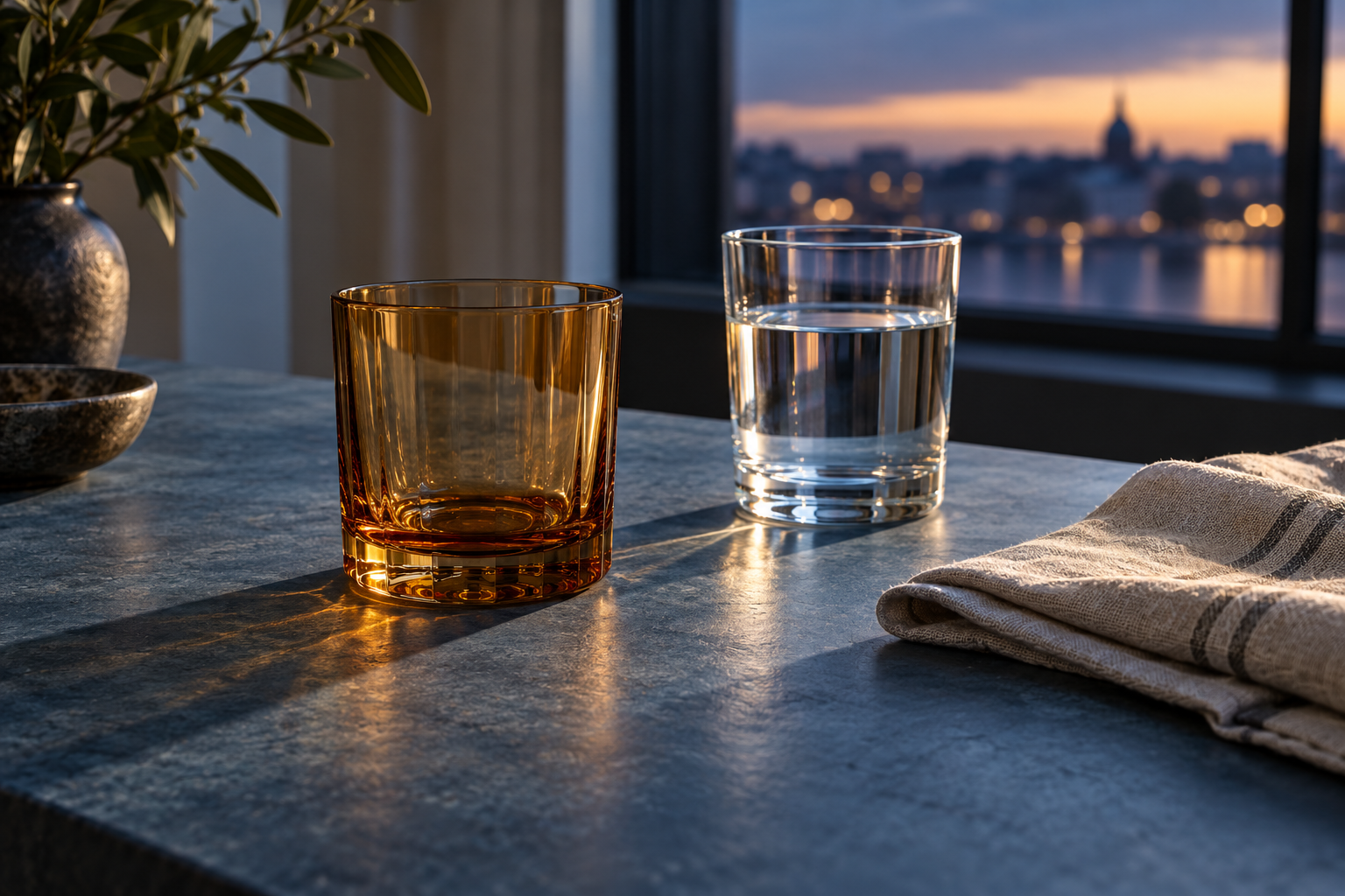 Stillleben mit leerem bernsteinfarbenem Glas und Wasser: Symbolbild zum möglichen Einfluss von Alkohol auf die Erektionsfunktion.