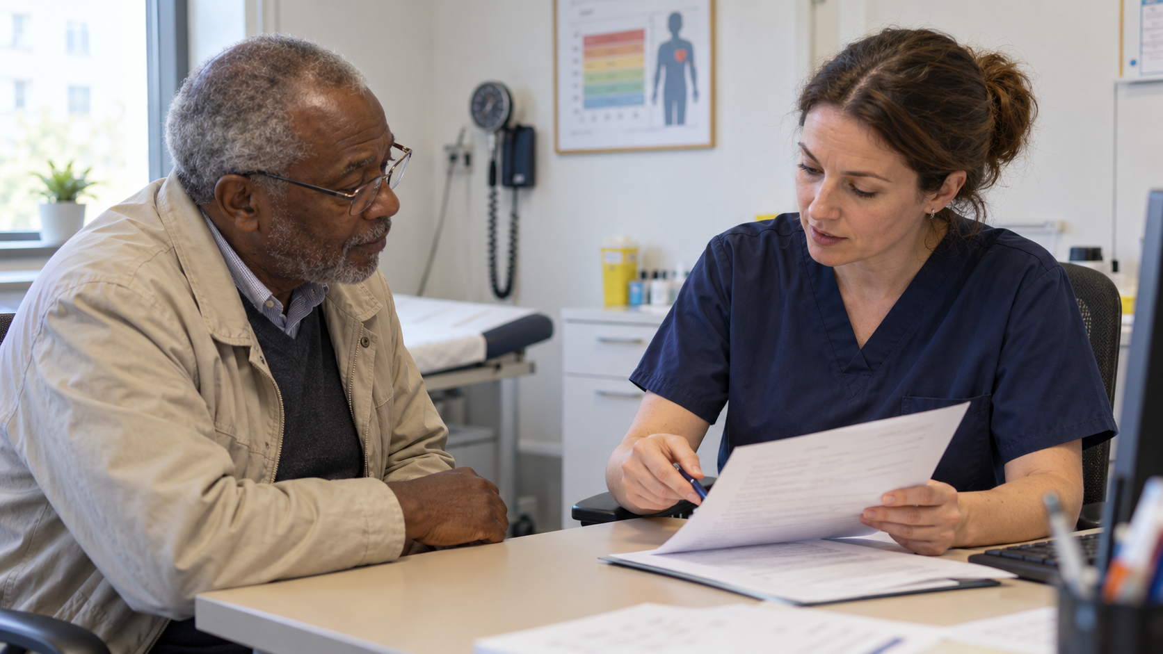 Arzt und älterer Patient prüfen gemeinsam eine Medikamentenliste – Symbolbild für die individuelle Prüfung von Gegenanzeigen.