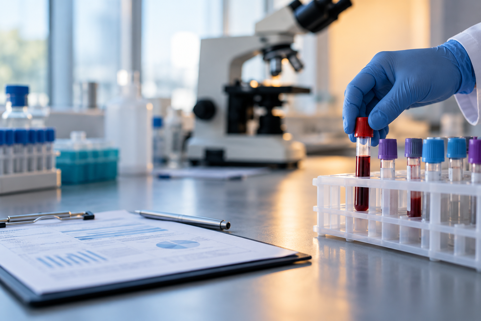 Laboraufnahme: Blutprobenröhrchen und ein handschuhtragender Handgriff im medizinischen Diagnostiklabor.