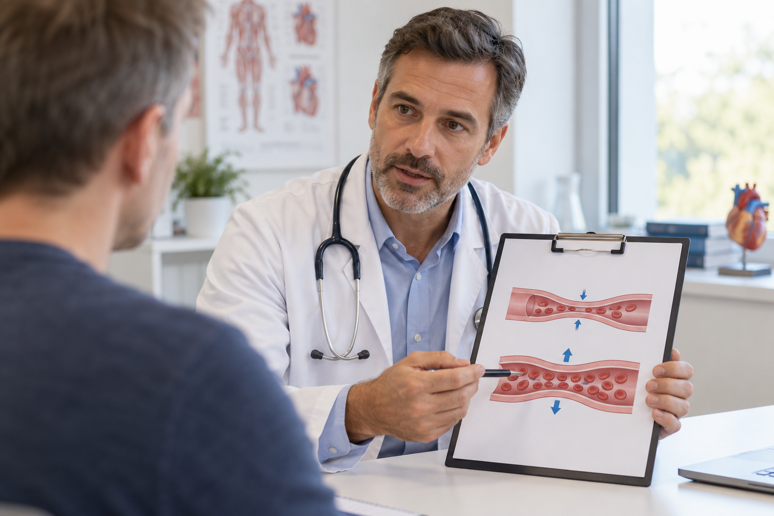 Arzt erklärt einem Patienten eine Blutgefäßgrafik in der Praxis – Symbolbild zum Wirkprinzip von Sildenafil.
