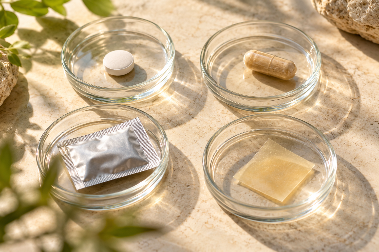 Neutrale Tabletten, Kapsel, Beutel und Mundfilm liegen in getrennten Glasschalen.