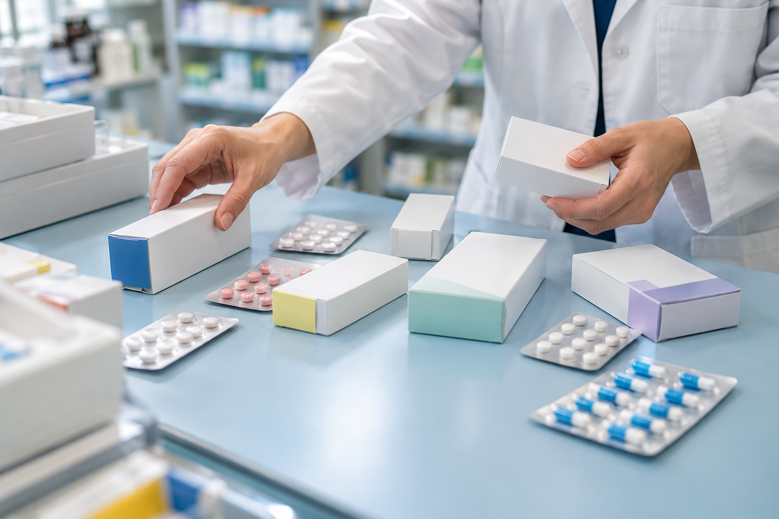 Eine Fachperson ordnet neutrale Packungen und Blister auf einer blauen Apothekenfläche.