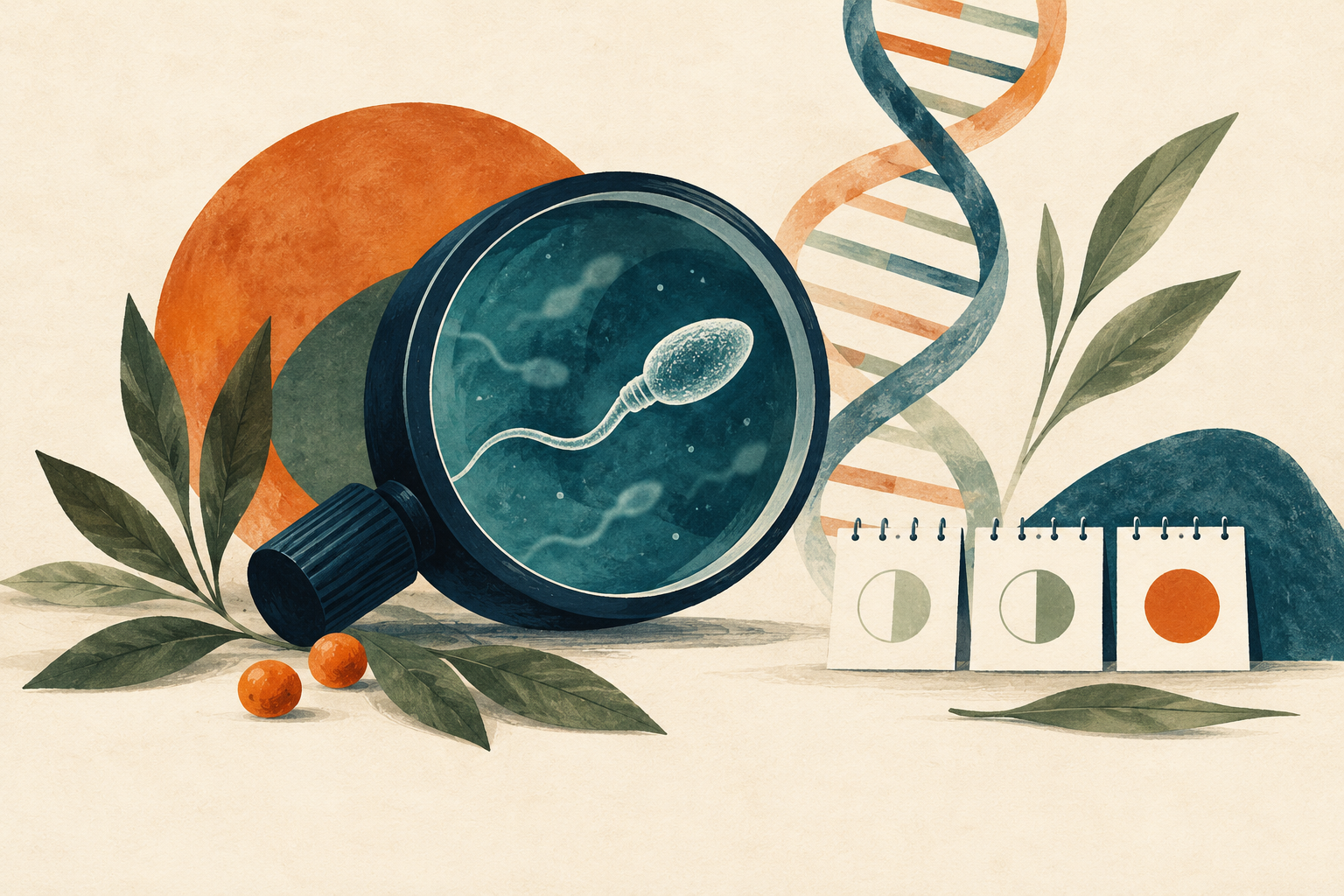 Editorialillustration mit Spermium unter dem Mikroskop, DNA-Helix und Kalender als Symbol für männliche Fruchtbarkeit und Studienzeitraum