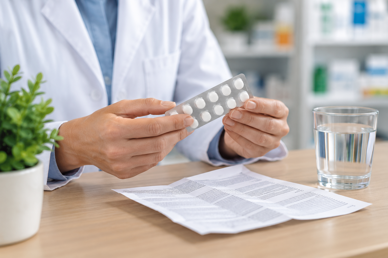 Hände prüfen einen neutralen Tablettenblister bei einer pharmazeutischen Beratung