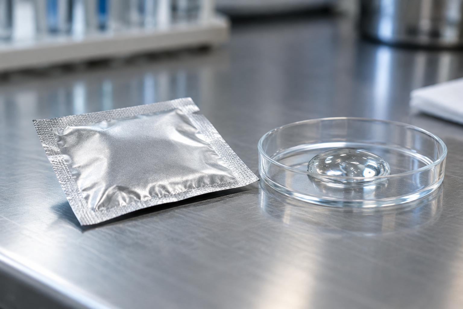 Ein neutraler Portionsbeutel und eine kleine Gelprobe stehen auf einer Laborfläche.