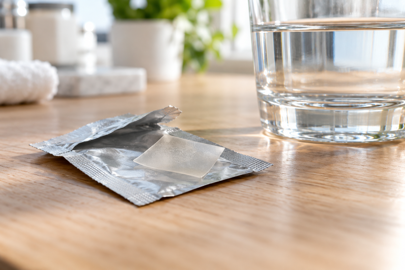 Ein transparenter rechteckiger Mundfilm liegt auf einem geöffneten silbernen Beutel neben einem Wasserglas.