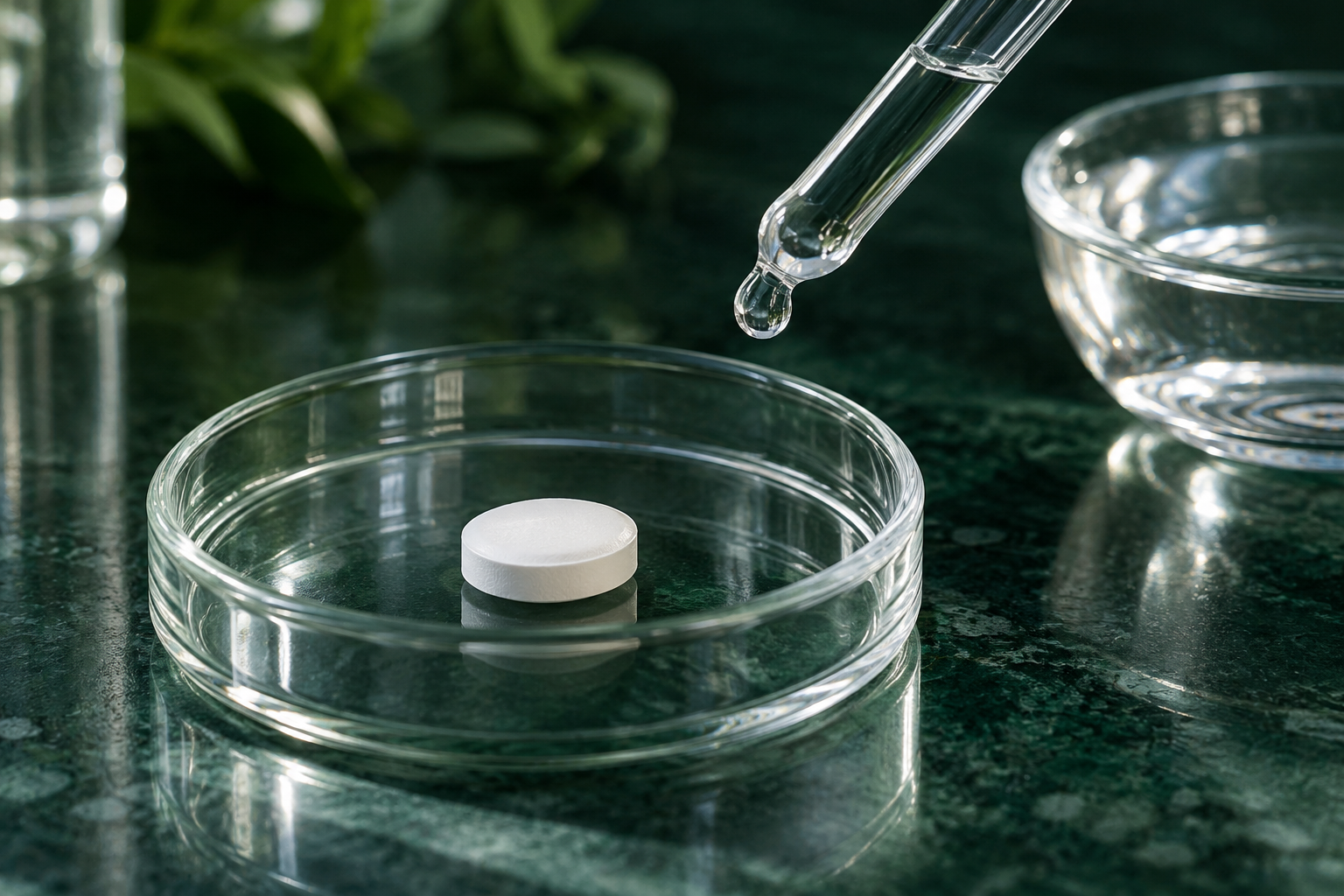 Eine Pipette und eine Tablettenprobe liegen auf einer Laborfläche.