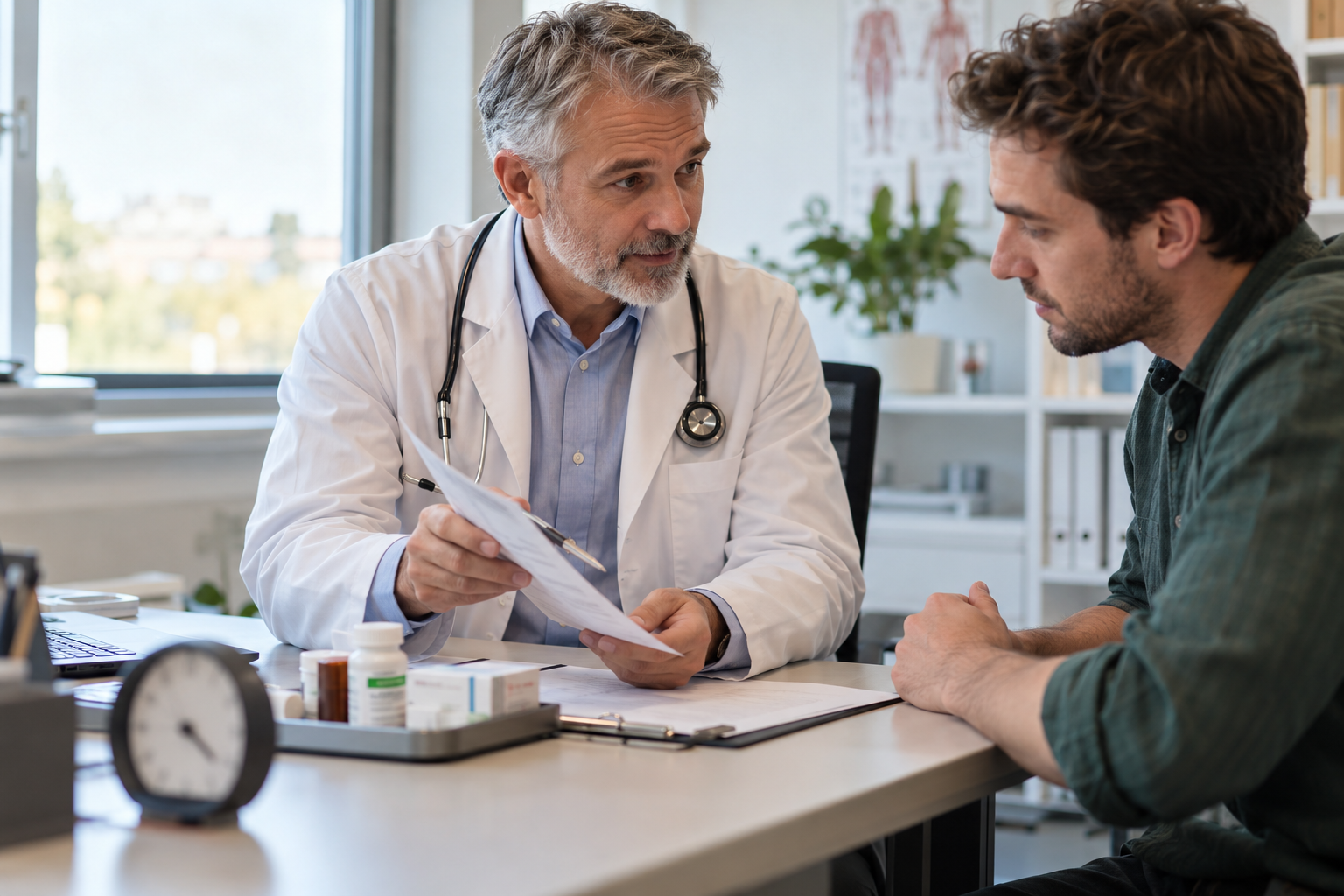 Ein Arzt und ein erwachsener Patient besprechen Unterlagen am Schreibtisch.