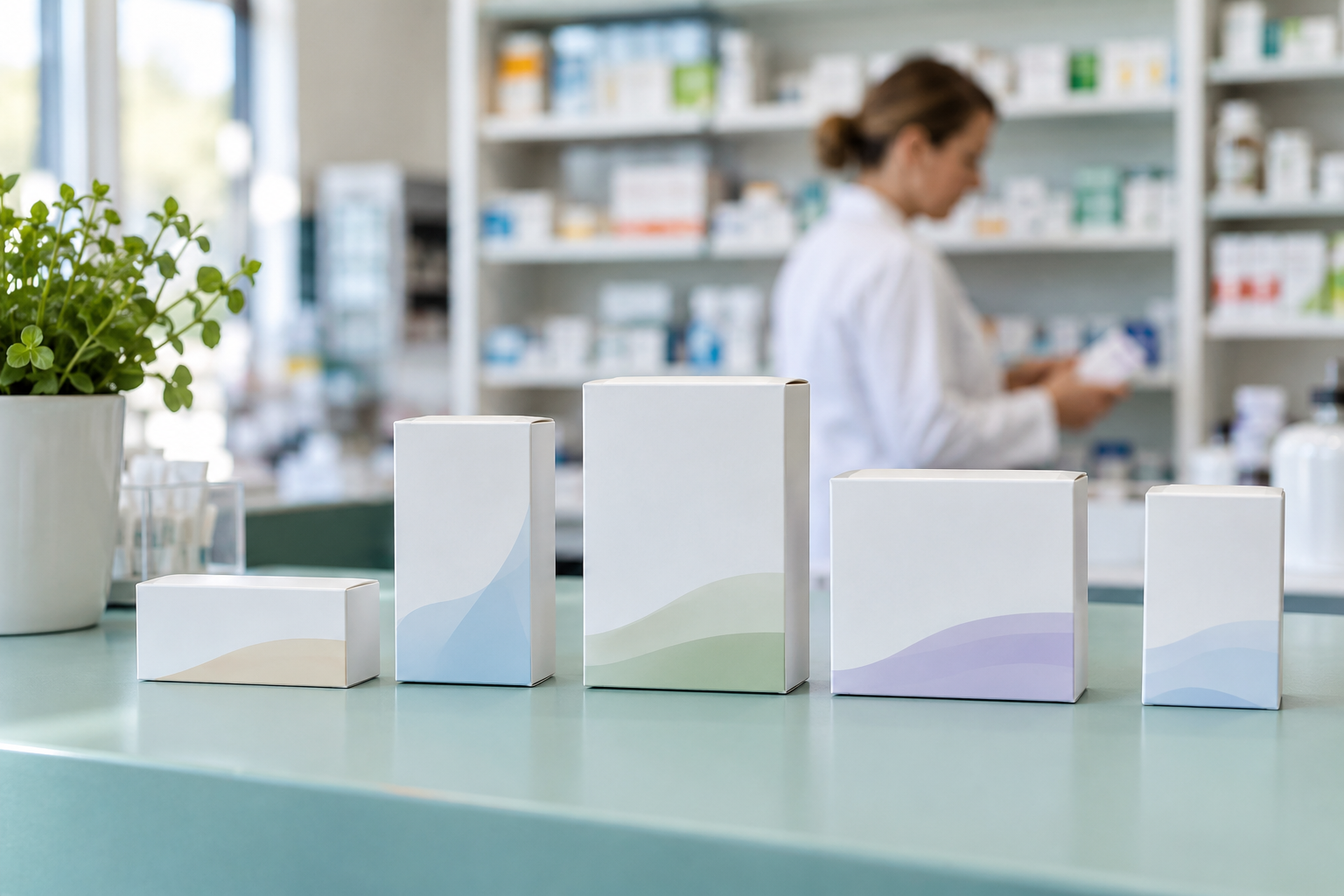 Mehrere neutrale Packungen unterschiedlicher Größe stehen in einer Apotheke.