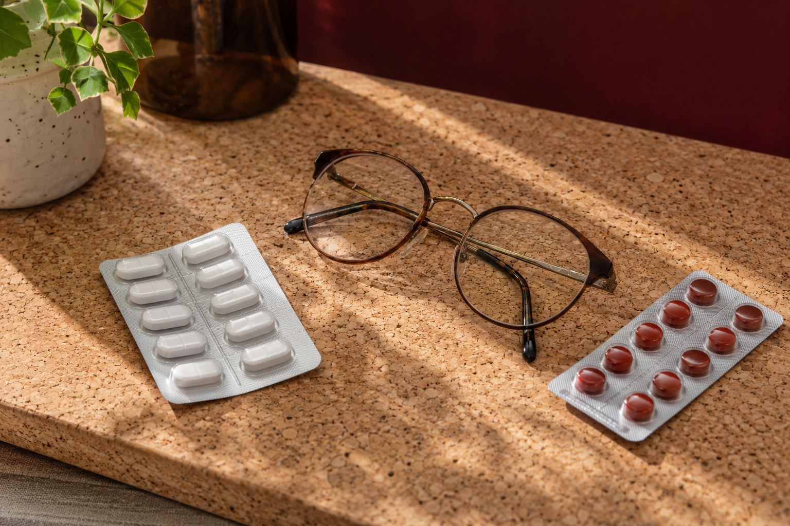Zwei neutrale Blister werden auf einer Apothekenarbeitsfläche nebeneinander geprüft.